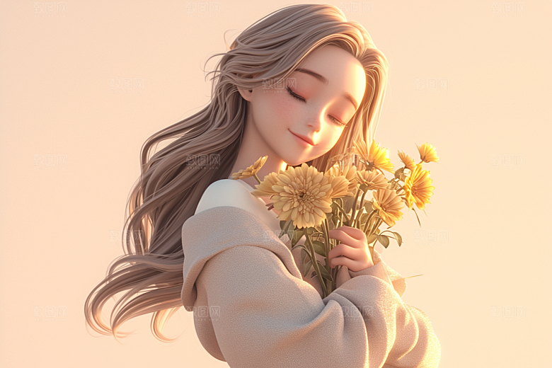 手捧鲜花的少女烂漫立体素材