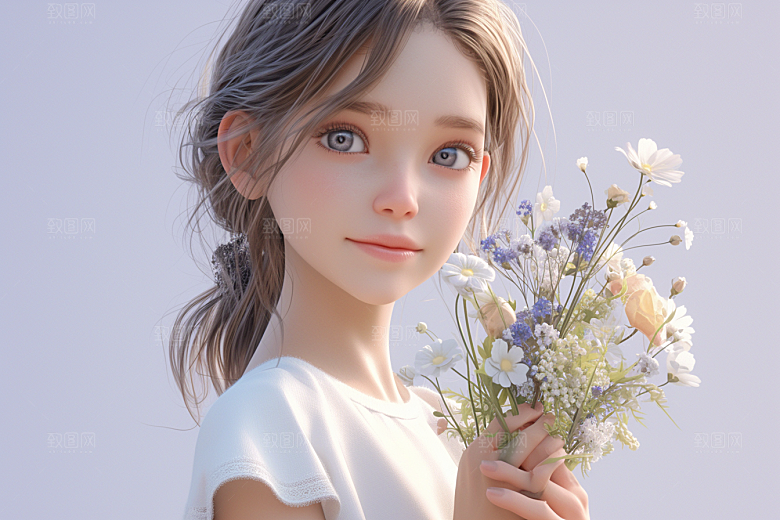 手捧鲜花的少女人物唯美素材