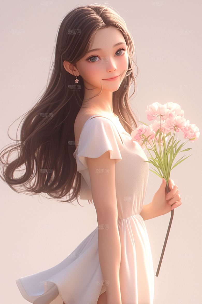 手捧鲜花的少女飞舞的裙摆人物素材