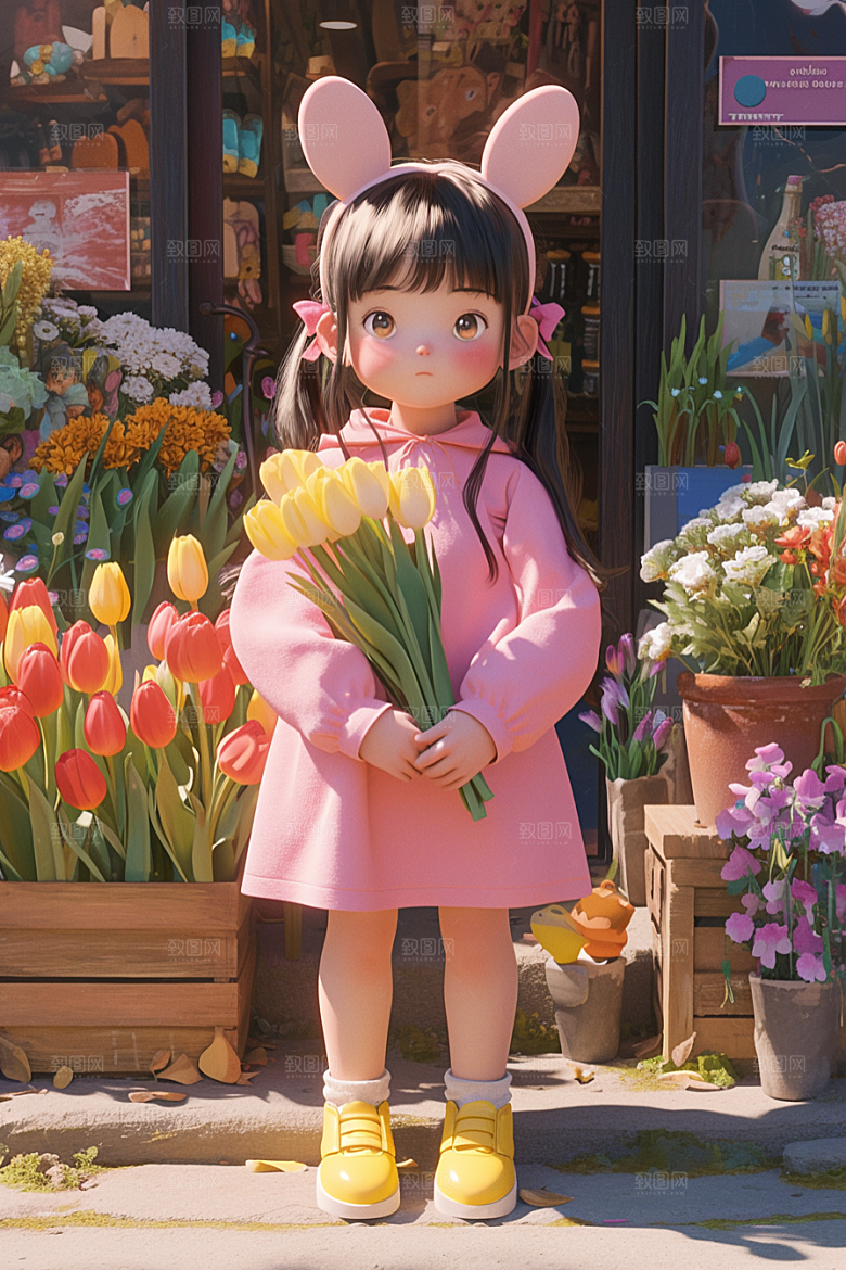 手捧鲜花的少女模型花朵素材