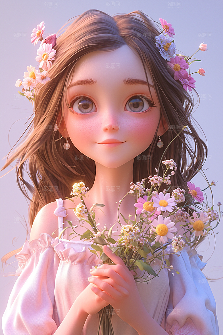 手捧鲜花的少女青春3D素材