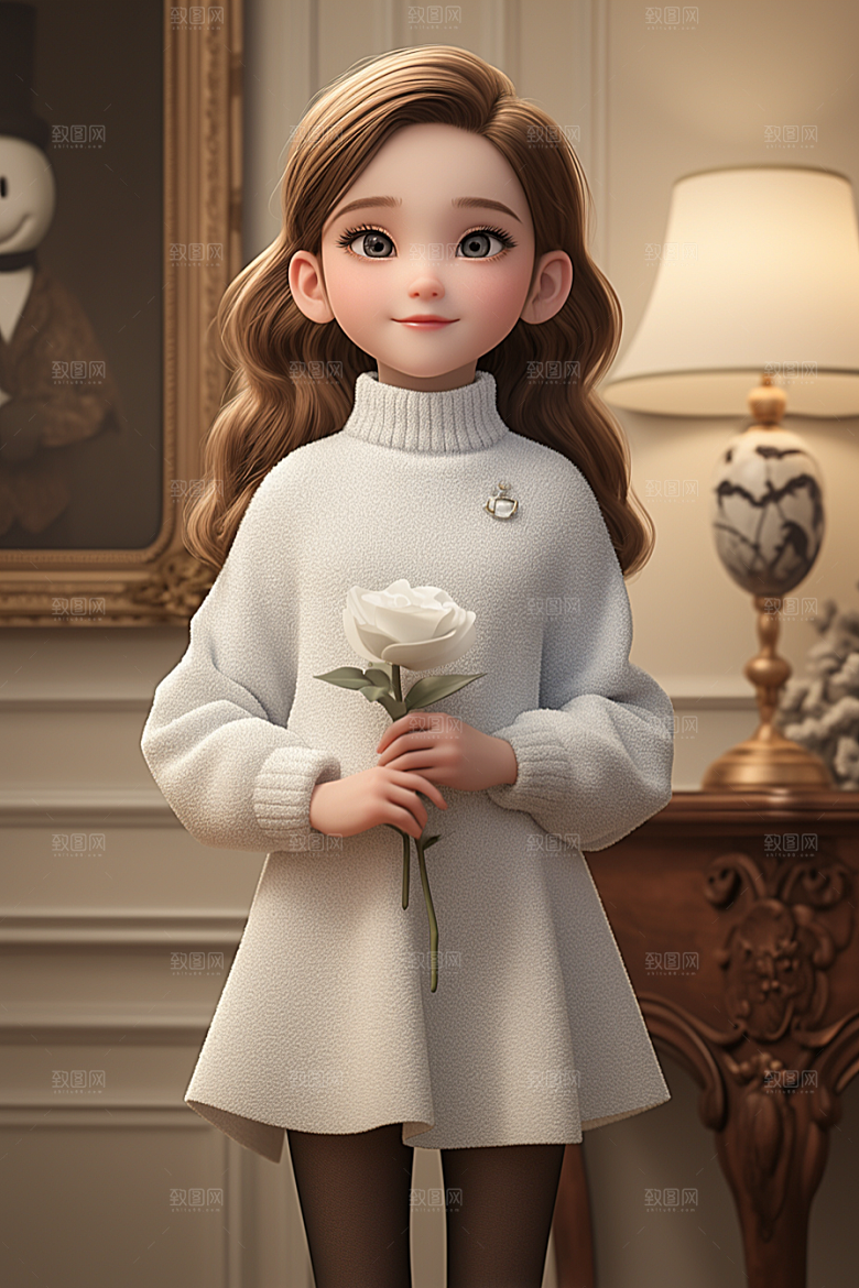 手捧鲜花的少女3D梦幻素材