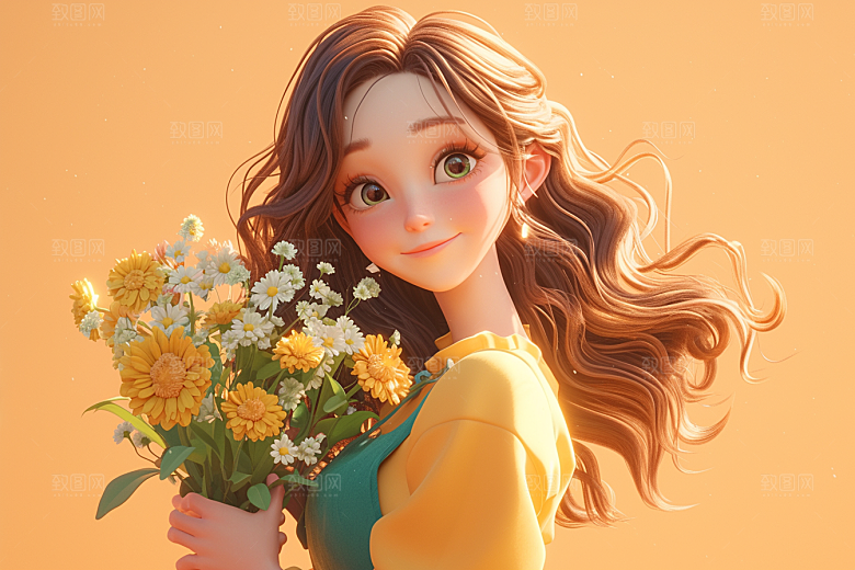 手捧鲜花的少女梦幻清新素材