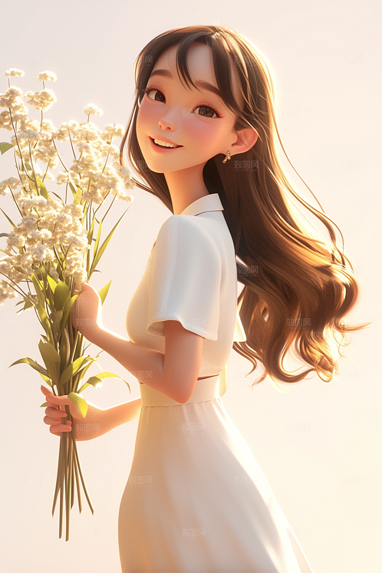 手捧鲜花的少女立体花朵素材