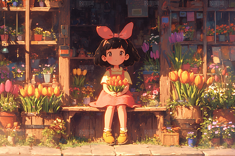 手捧鲜花的少女青春梦幻素材