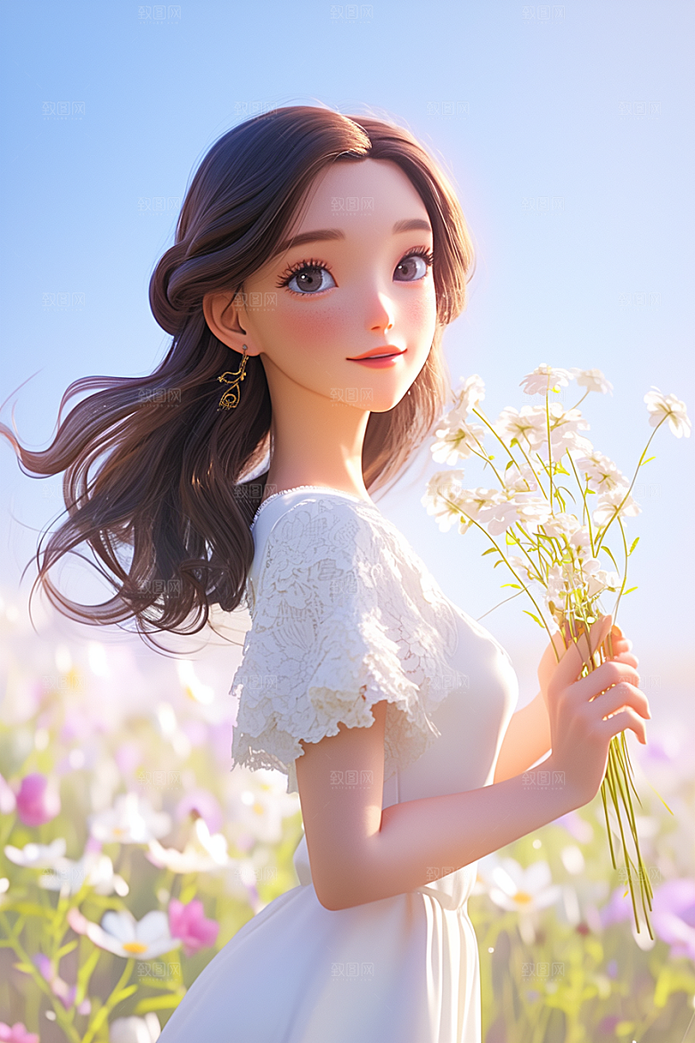 手捧鲜花的少女梦幻模型素材