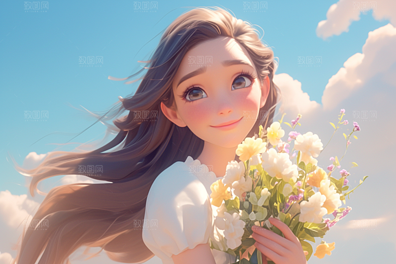 手捧鲜花的少女烂漫梦幻素材