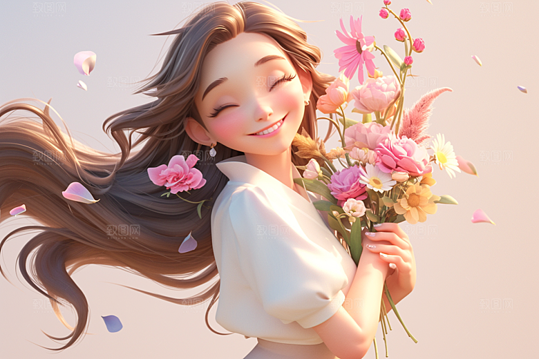 手捧鲜花的少女唯美飞舞的裙摆素材