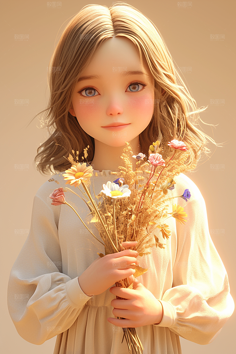 手捧鲜花的少女唯美飞舞的裙摆素材