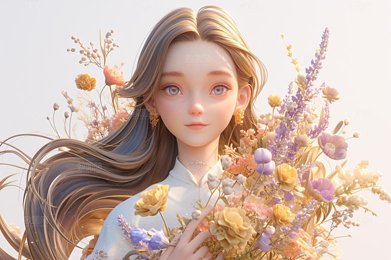 手捧鲜花的少女自然青春素材