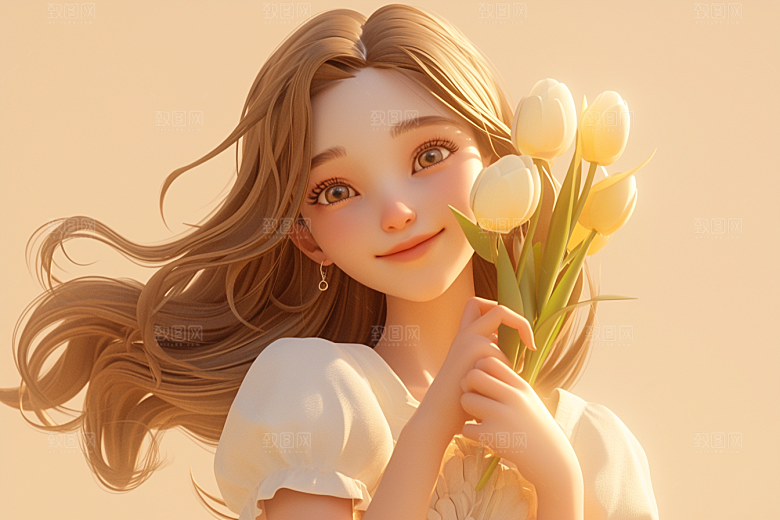 手捧鲜花的少女模型立体素材