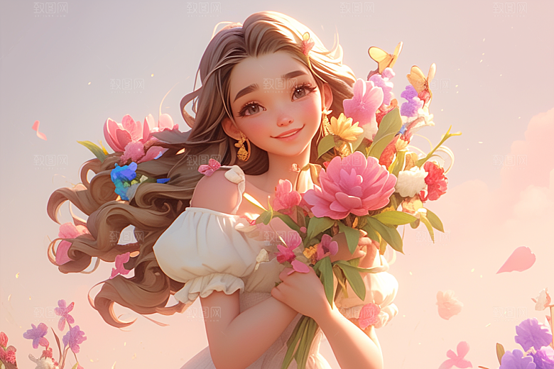 手捧鲜花的少女肖像立体素材