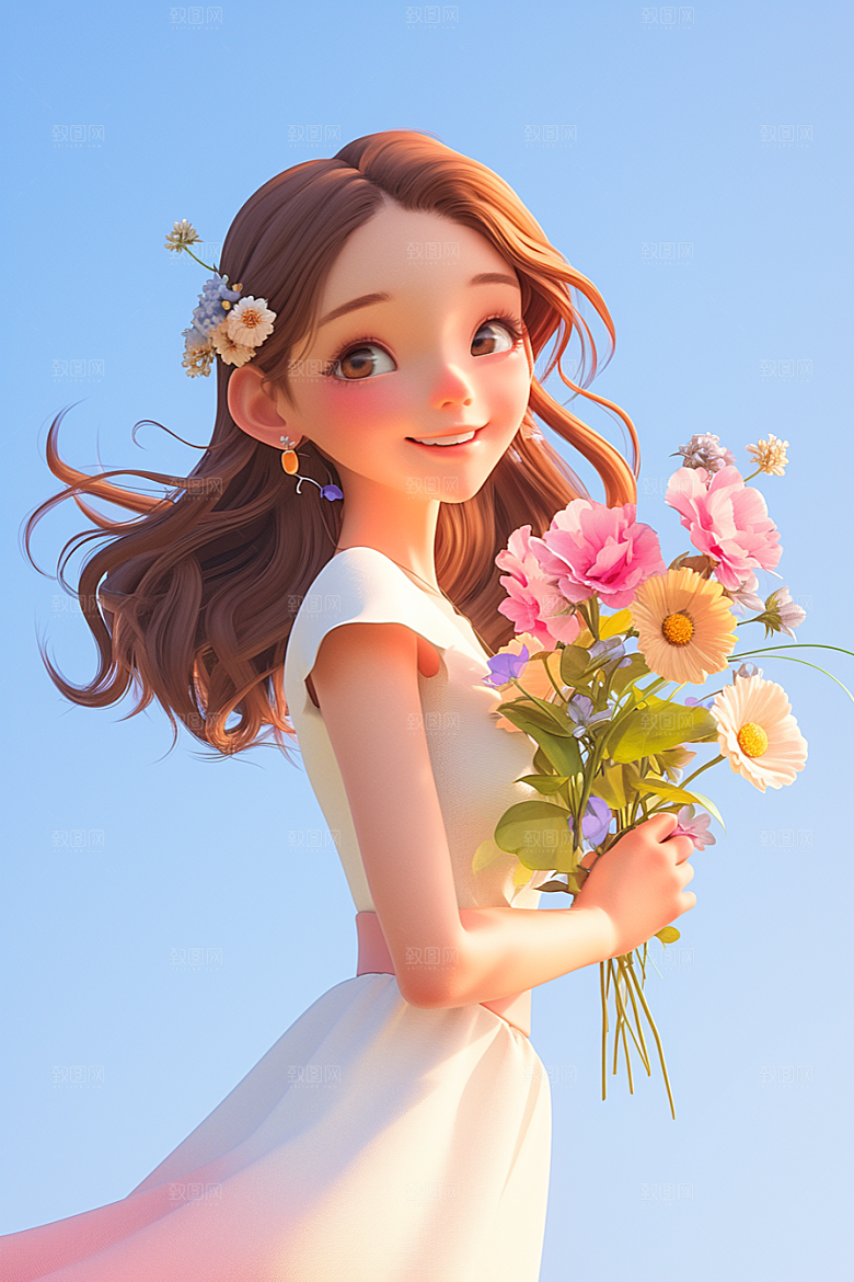 手捧鲜花的少女清新春天素材