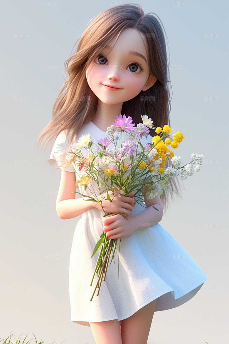 手捧鲜花的少女清新模型素材