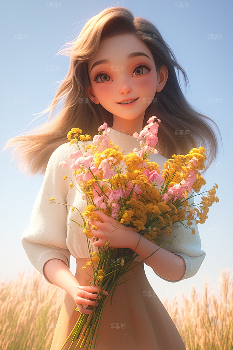 手捧鲜花的少女梦幻立体素材