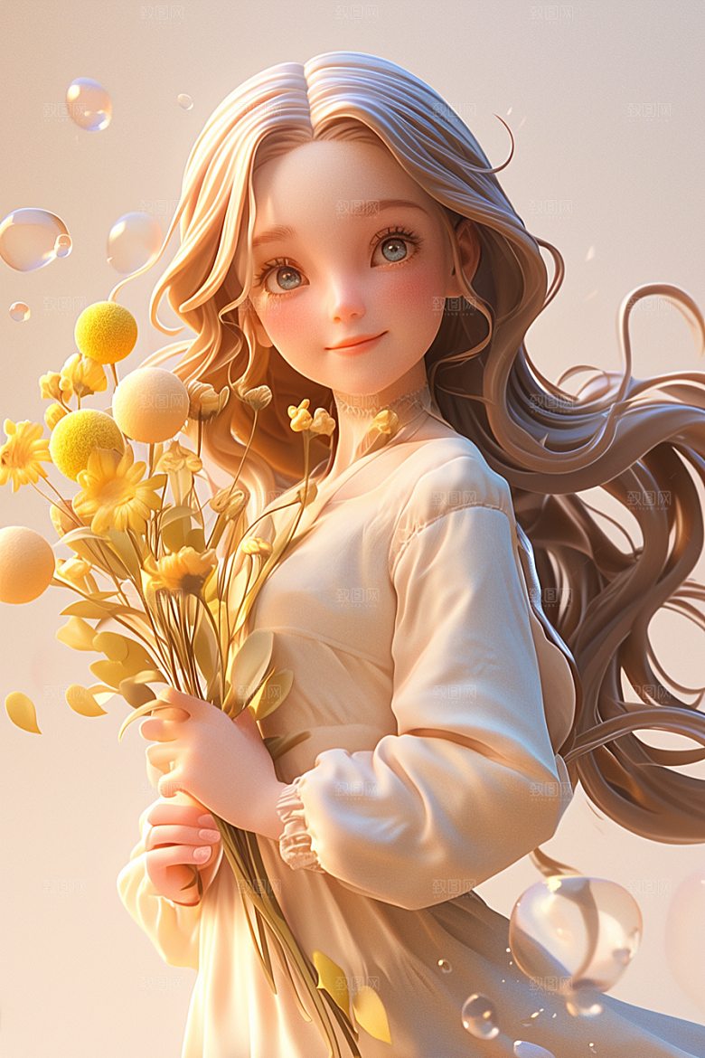 手捧鲜花的少女花朵人物素材