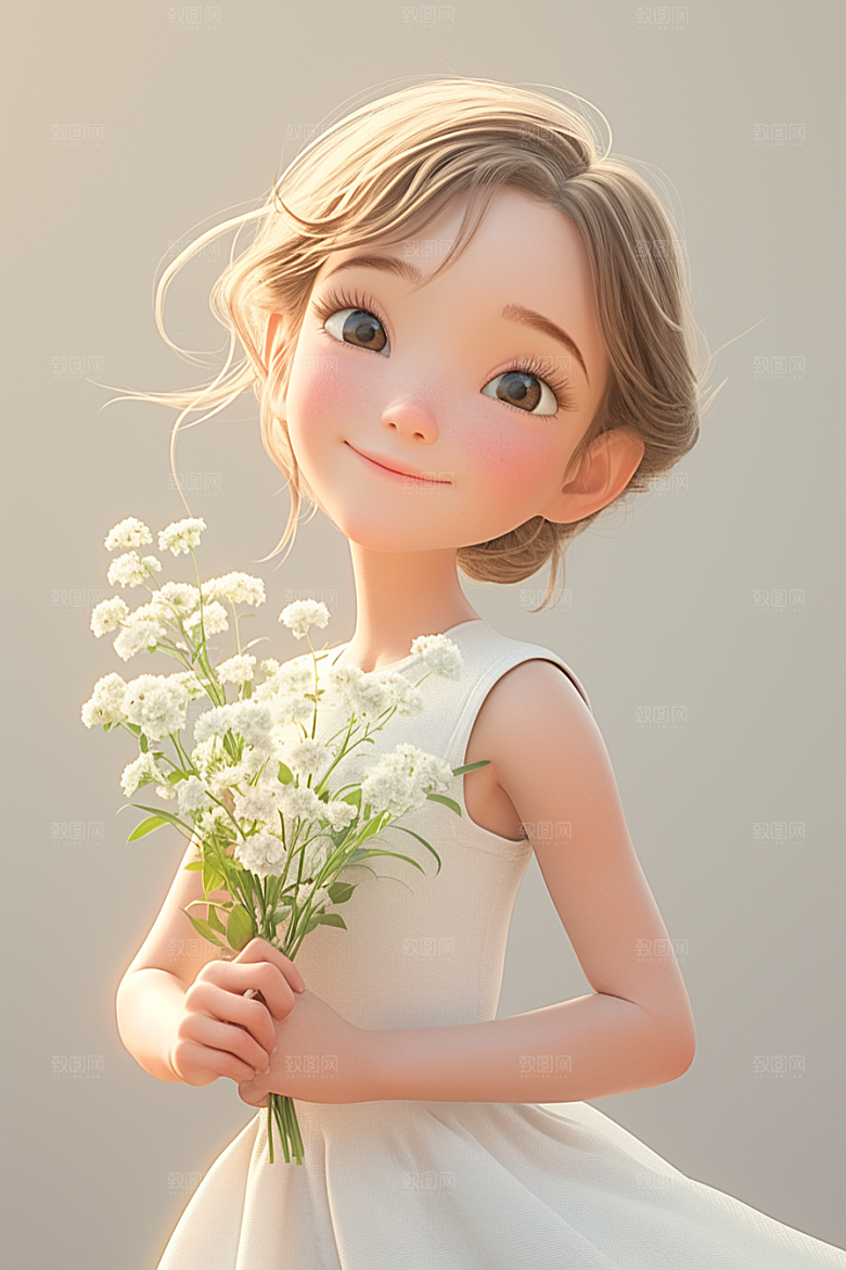 手捧鲜花的少女花朵飞舞的裙摆素材