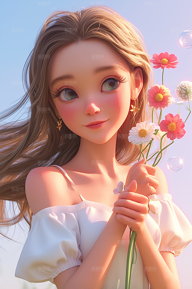 手捧鲜花的少女立体人物素材