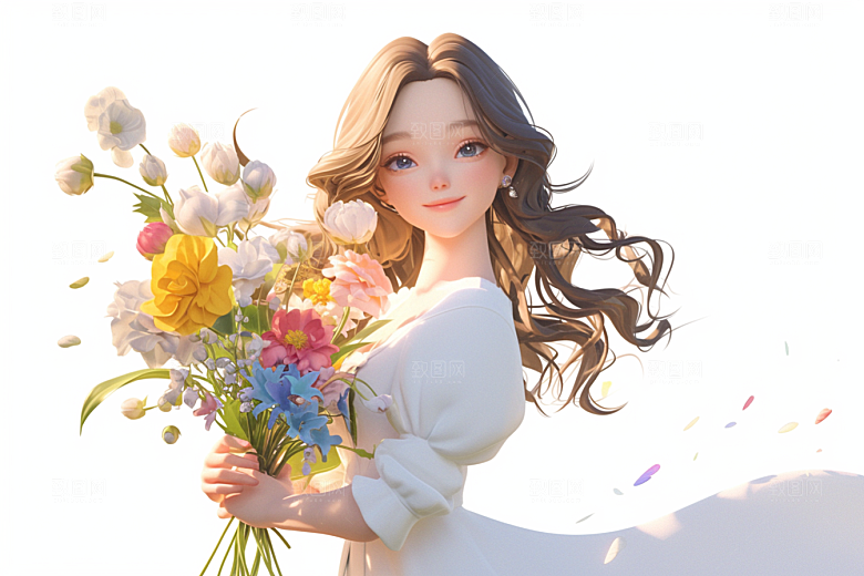 手捧鲜花的少女花朵青春素材