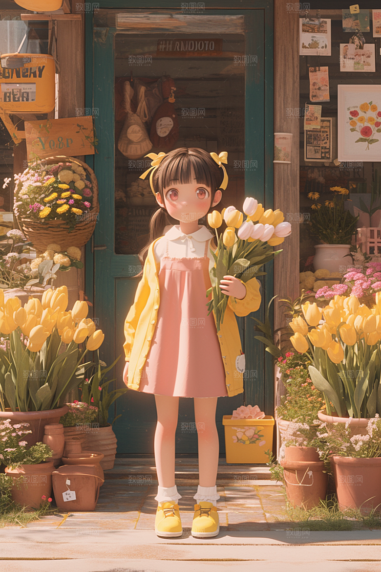 手捧鲜花的少女立体青春素材