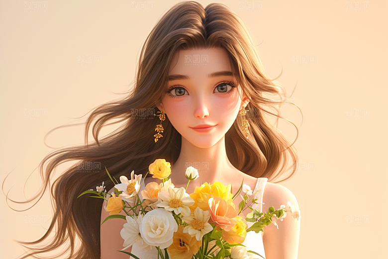 手捧鲜花的少女3D清新素材