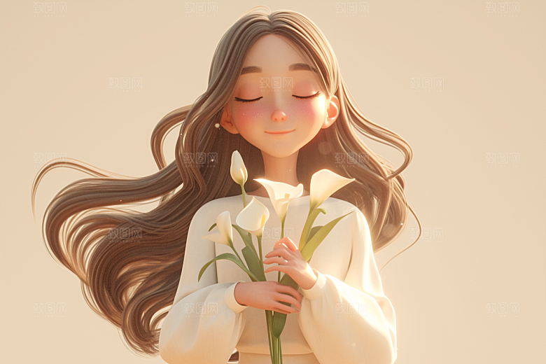 手捧鲜花的少女花朵春天素材