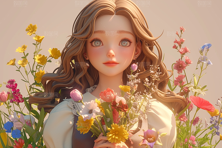 手捧鲜花的少女自然唯美素材