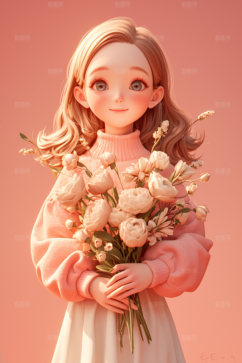 手捧鲜花的少女烂漫春天素材