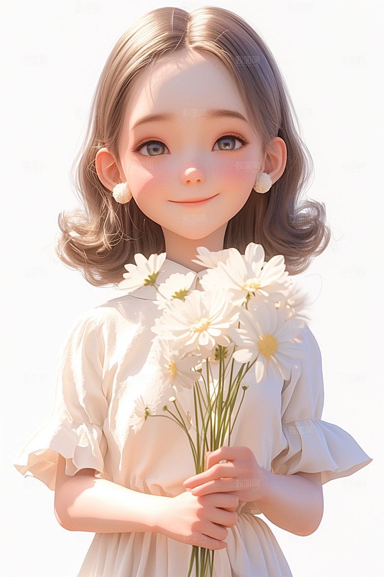 手捧鲜花的少女唯美人物素材