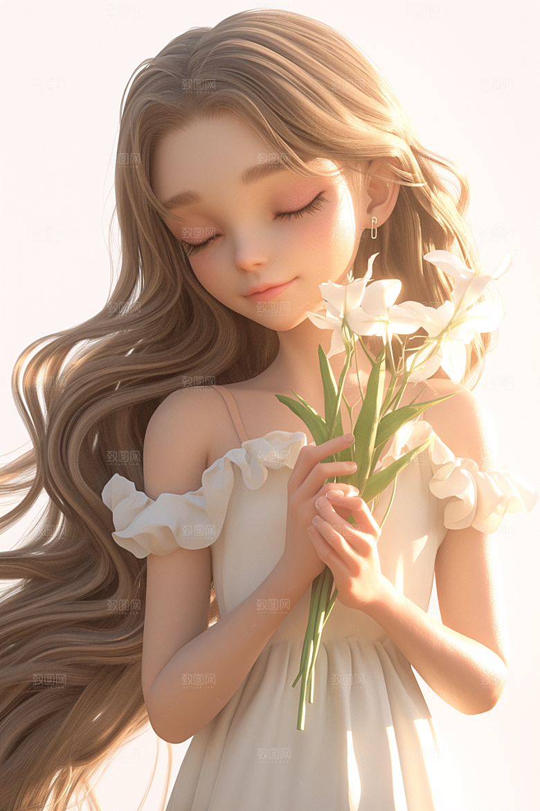 手捧鲜花的少女3D模型素材