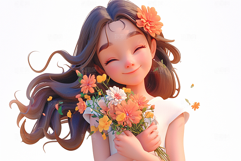 手捧鲜花的少女青春立体素材