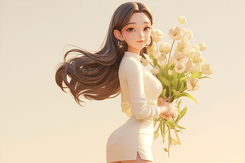手捧鲜花的少女春天肖像素材