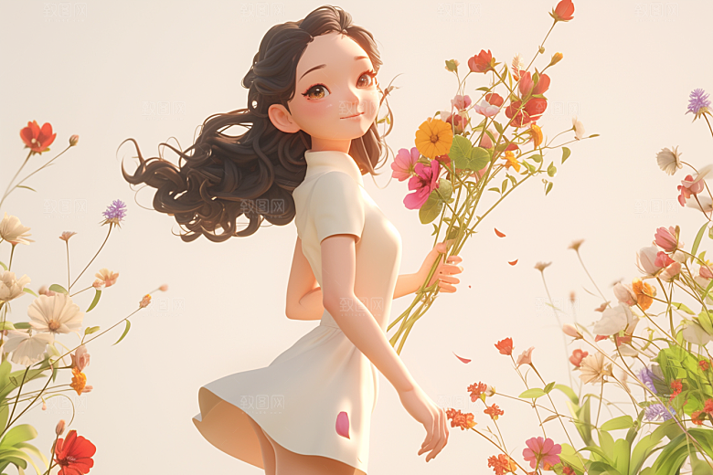 手捧鲜花的少女人物春天素材
