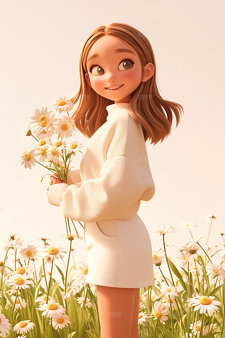 手捧鲜花的少女青春花朵素材