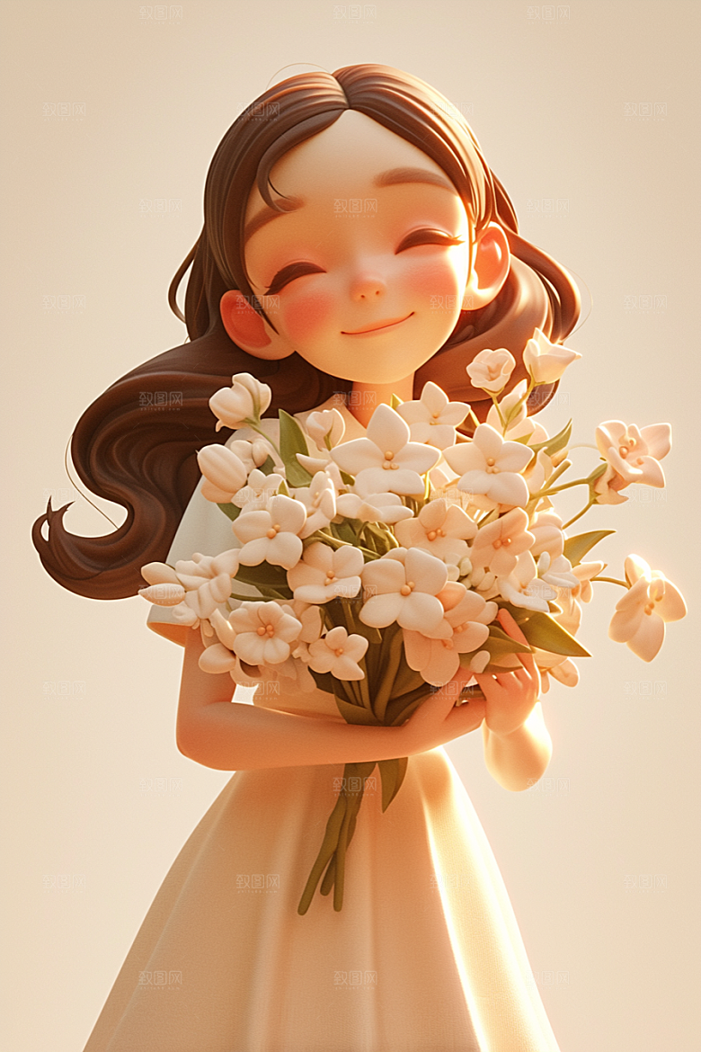 手捧鲜花的少女春天唯美素材