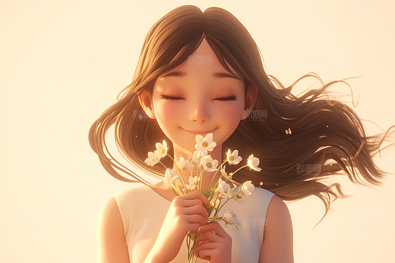 手捧鲜花的少女梦幻春天素材