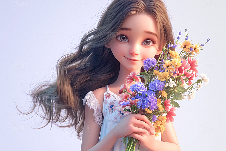 手捧鲜花的少女清新花朵素材