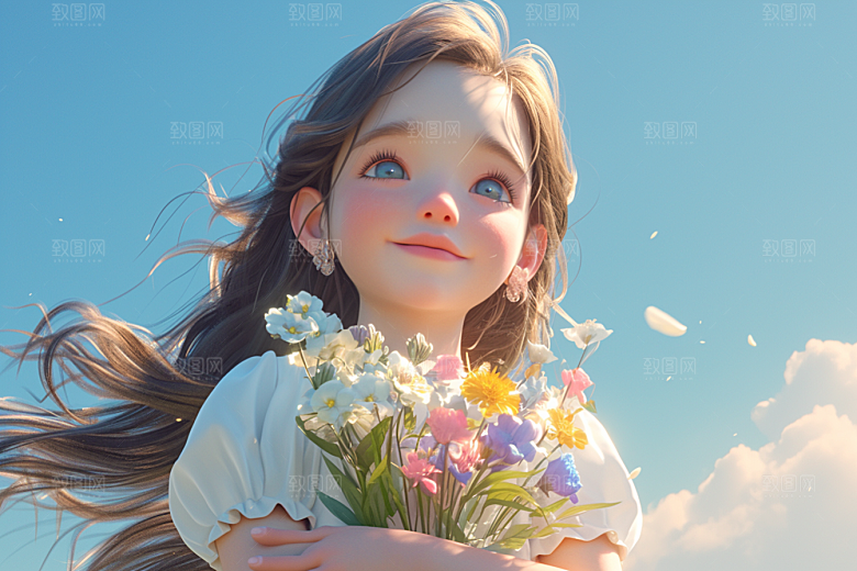 手捧鲜花的少女春天青春素材