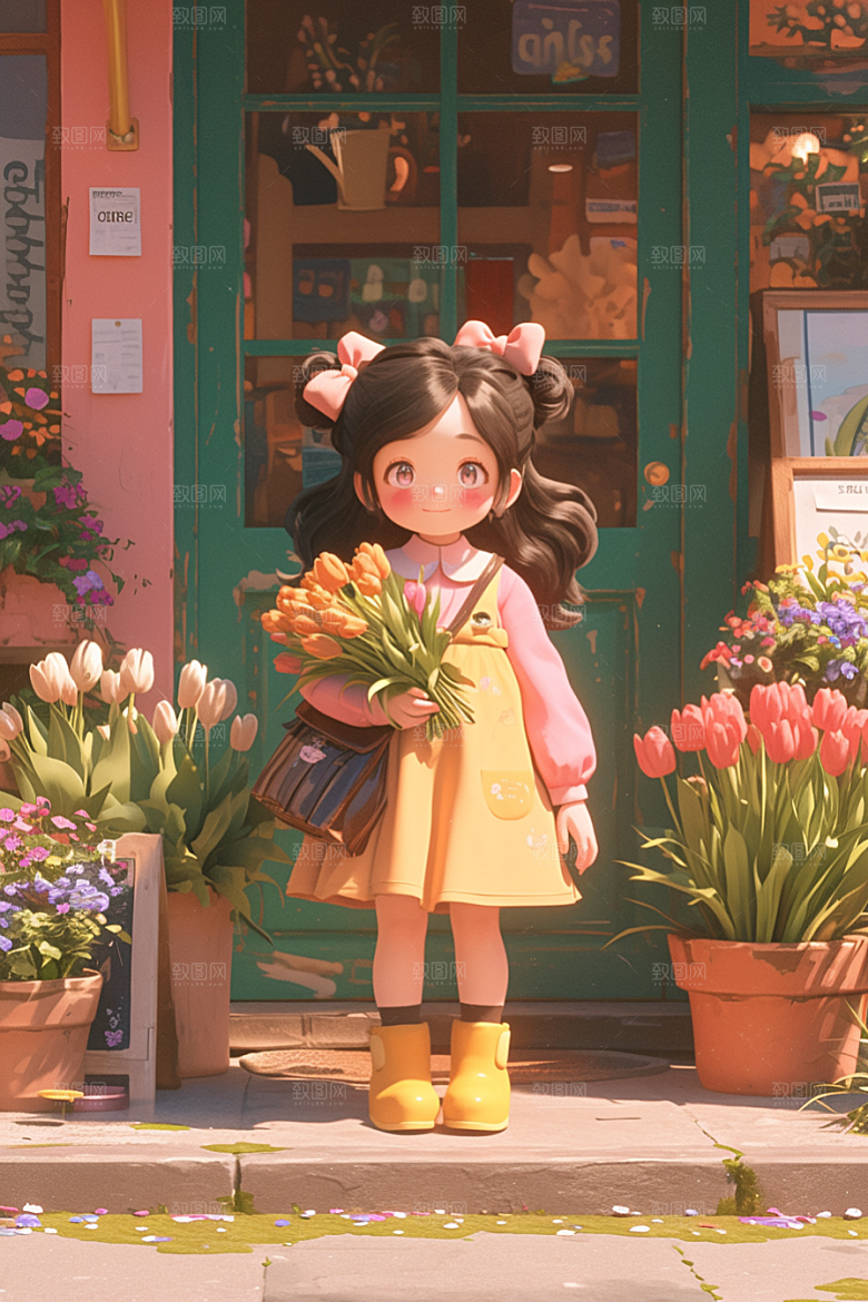 手捧鲜花的少女青春人物素材