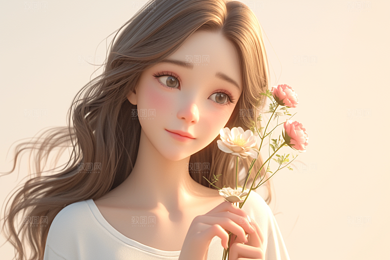 手捧鲜花的少女模型3D素材