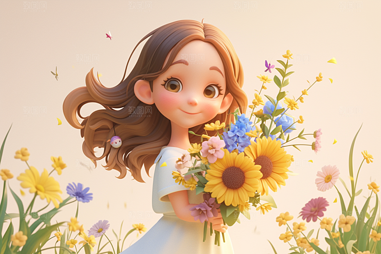 手捧鲜花的少女花朵自然素材