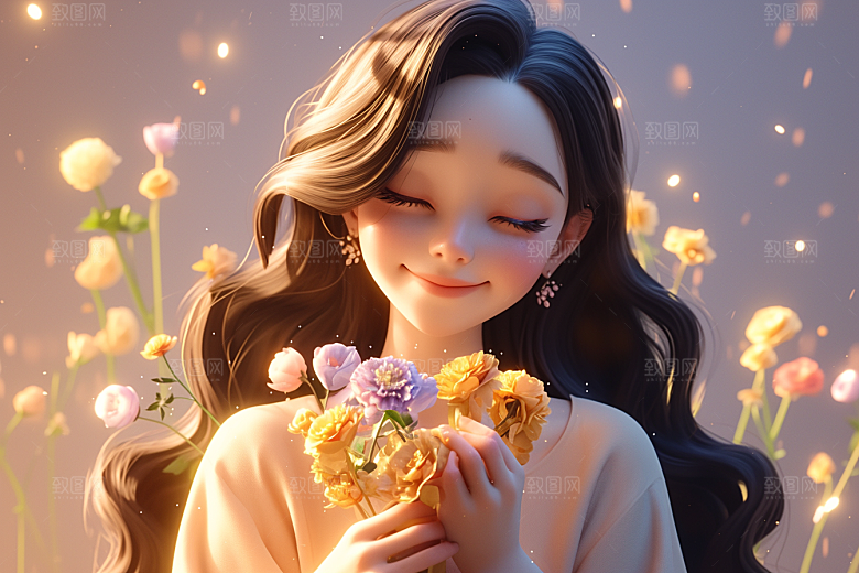 手捧鲜花的少女肖像清新素材