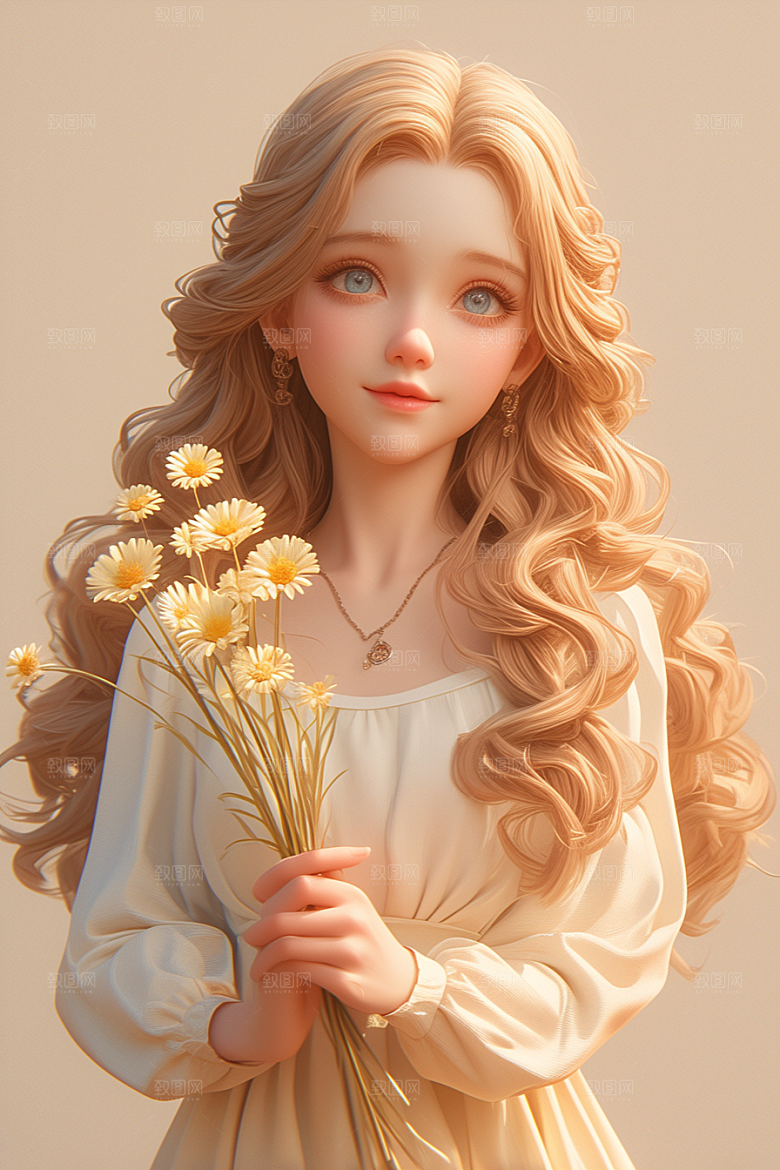 手捧鲜花的少女梦幻清新素材