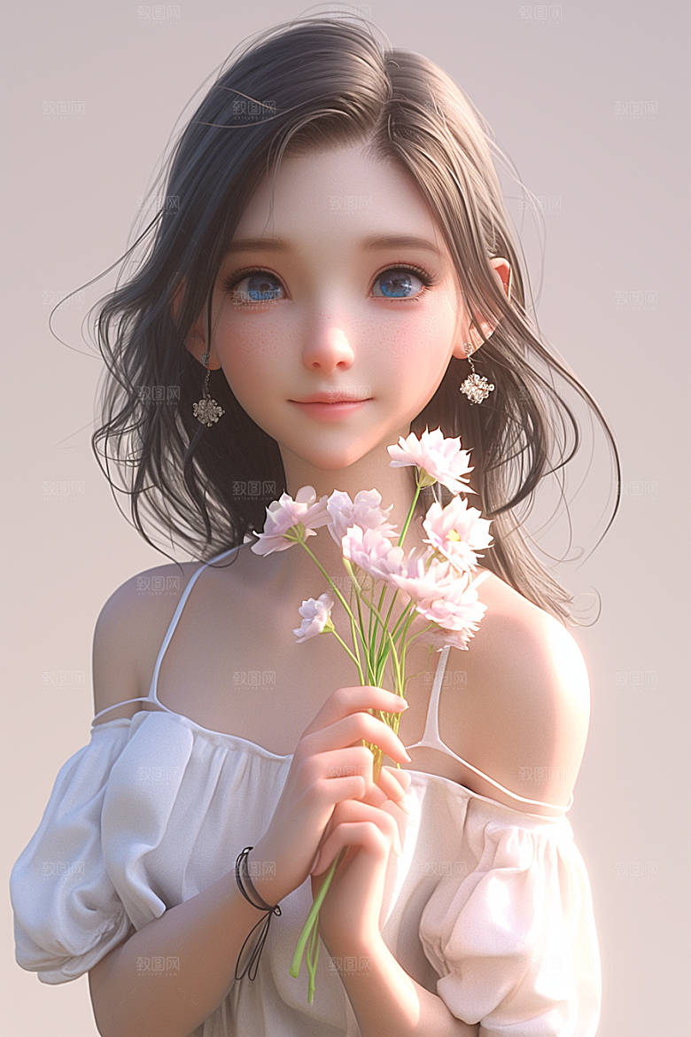 手捧鲜花的少女立体3D素材