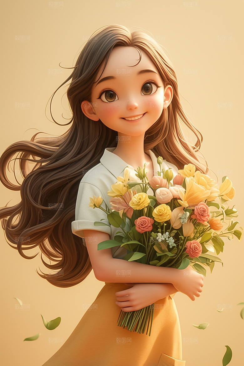 手捧鲜花的少女人物自然素材