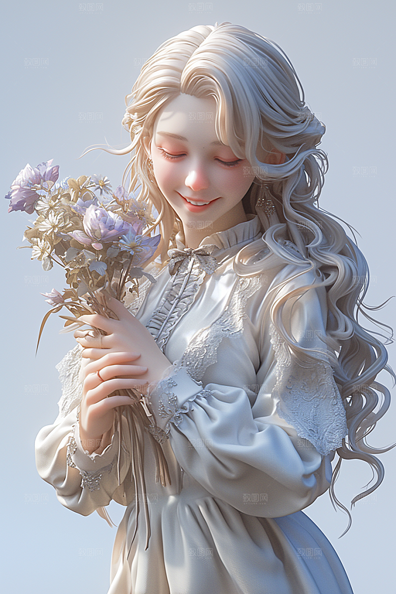 手捧鲜花的少女3D肖像素材