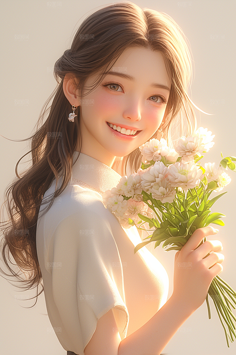 手捧鲜花的少女清新立体素材