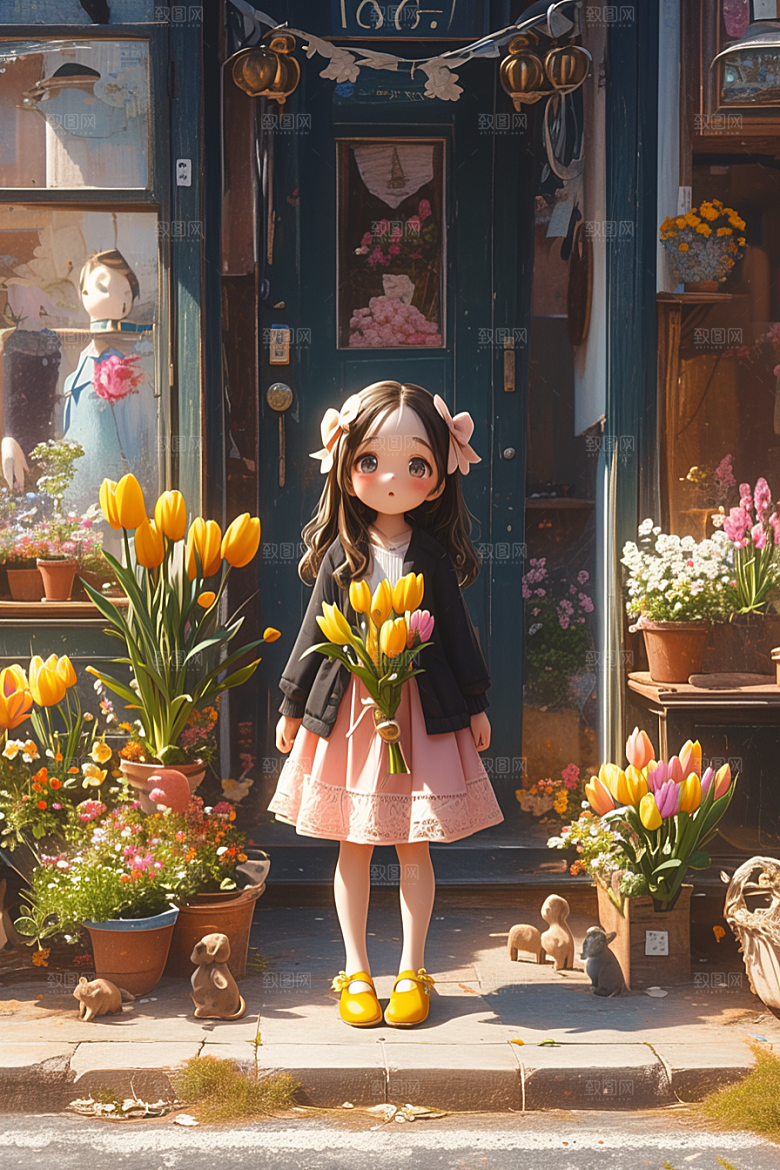 手捧鲜花的少女3D自然素材