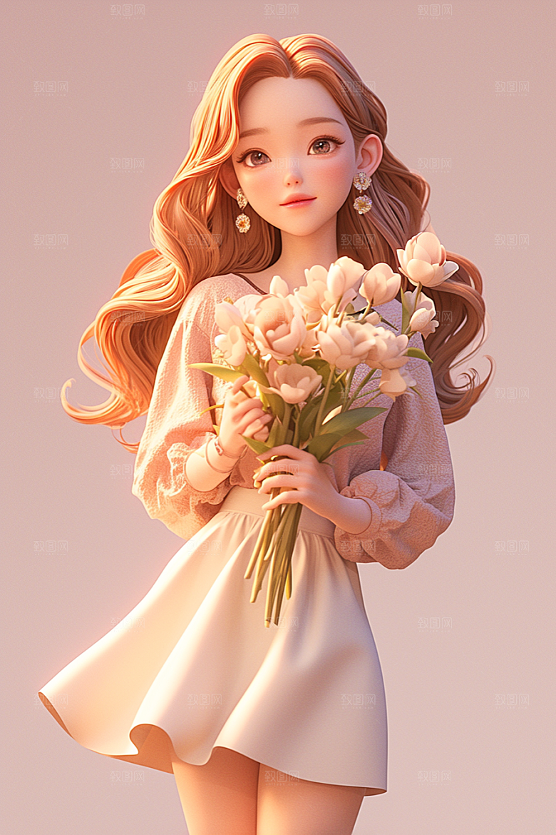 手捧鲜花的少女清新唯美素材
