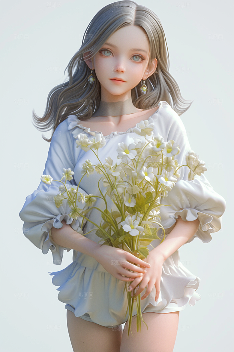 手捧鲜花的少女3D青春素材
